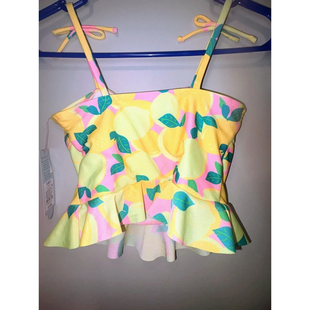 Cat & Jack Girls Lemon Print‎ Tankini Swim Top Yellow Pink Size S 6-7 NWT
